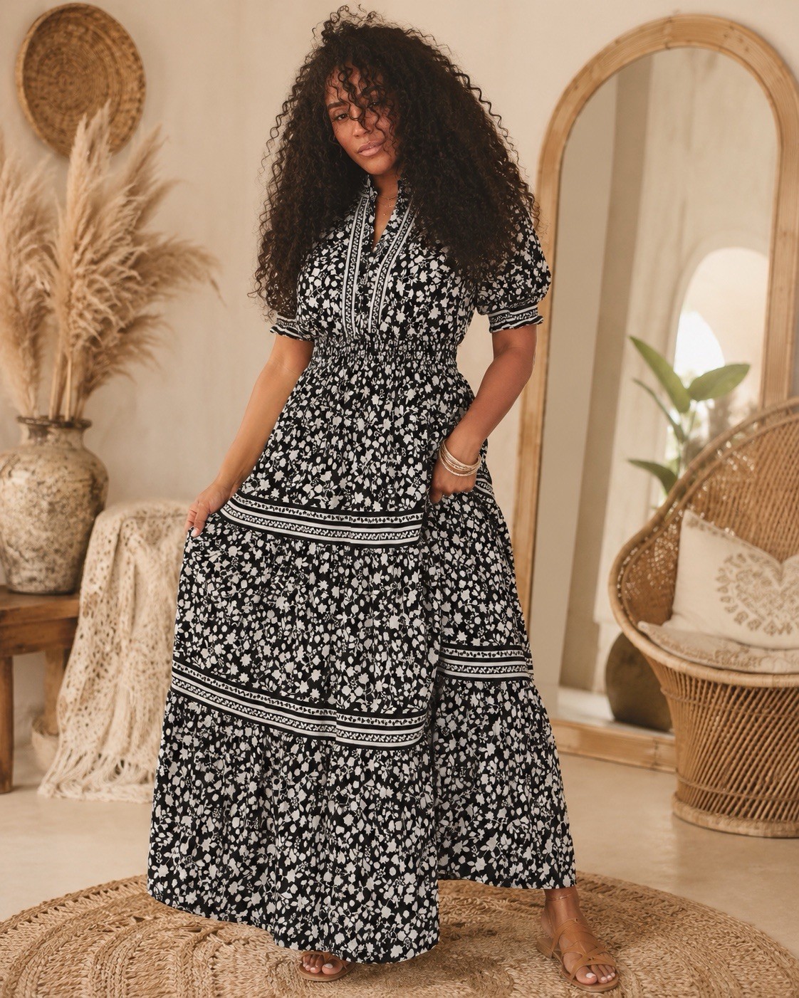 Max Studio Floral L Maxi Dress Black Prairie Cottage Fairy Whimsigoth S/S Empire