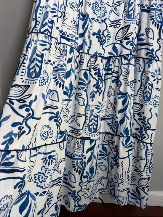 CeCe Ivory Blue Mediterranean Tile Print Tiered Maxi Dress Sz LARGE Rayon Linen