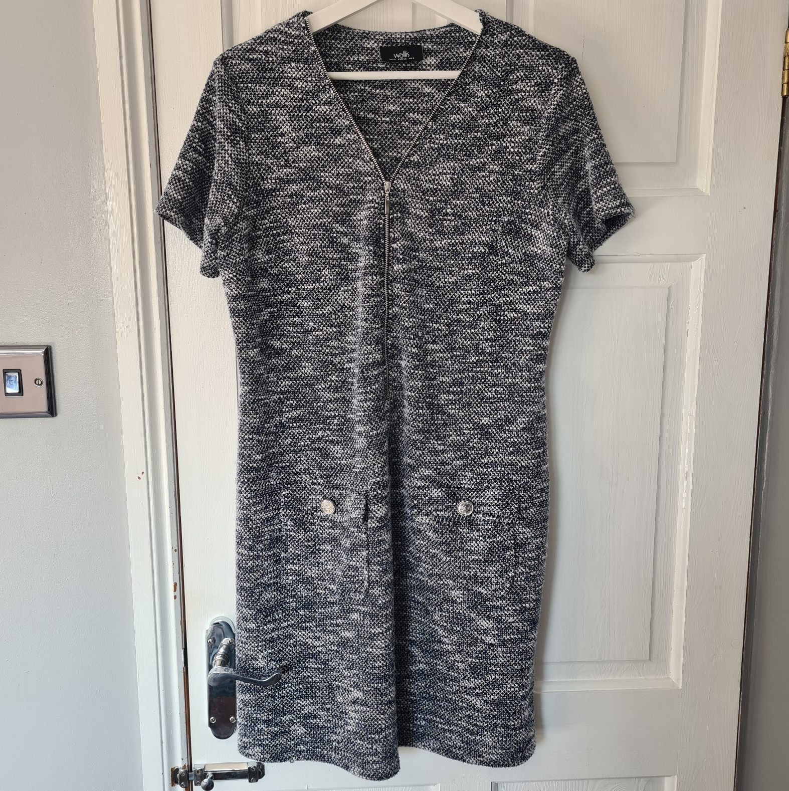 Wallis Sz 12 Blue/Grey & White Knit Zip Front Shift Dress V-Neck with Pockets