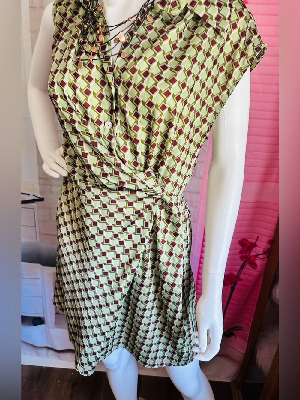 Mango Retro Green & Brown Geometric Mini Dress