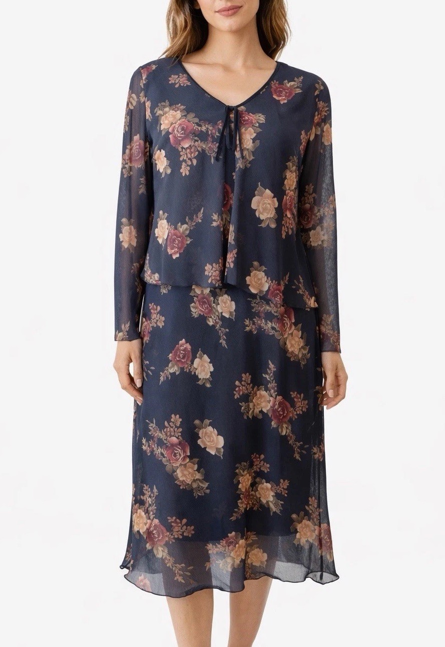 Believe Womens Dress Midi Size 14 Black Brown Roses Long Sleeve Lined Vintage