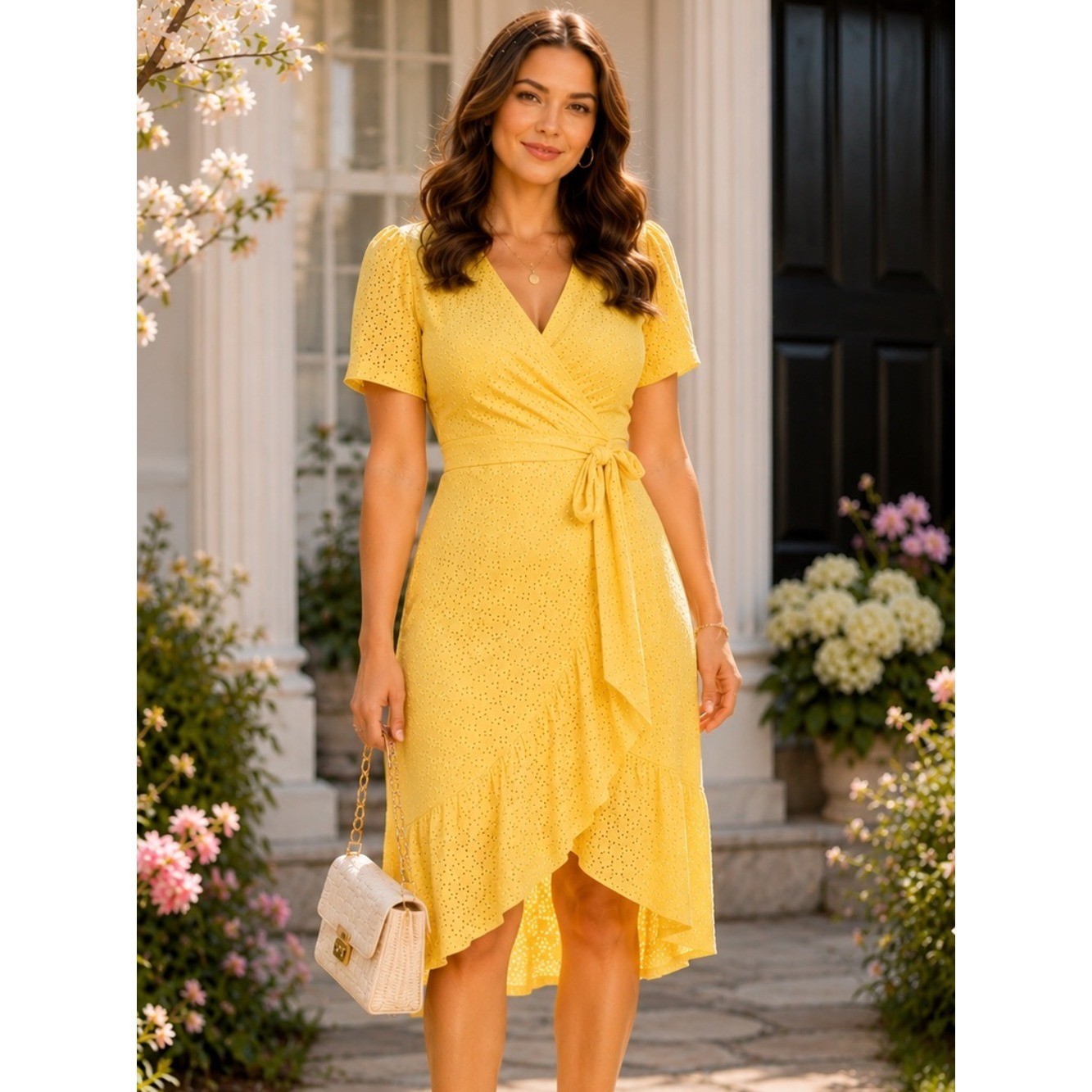 London Style Eyelet Faux Wrap Dress | Snapdragon Yellow | Size 10 | Retail $99