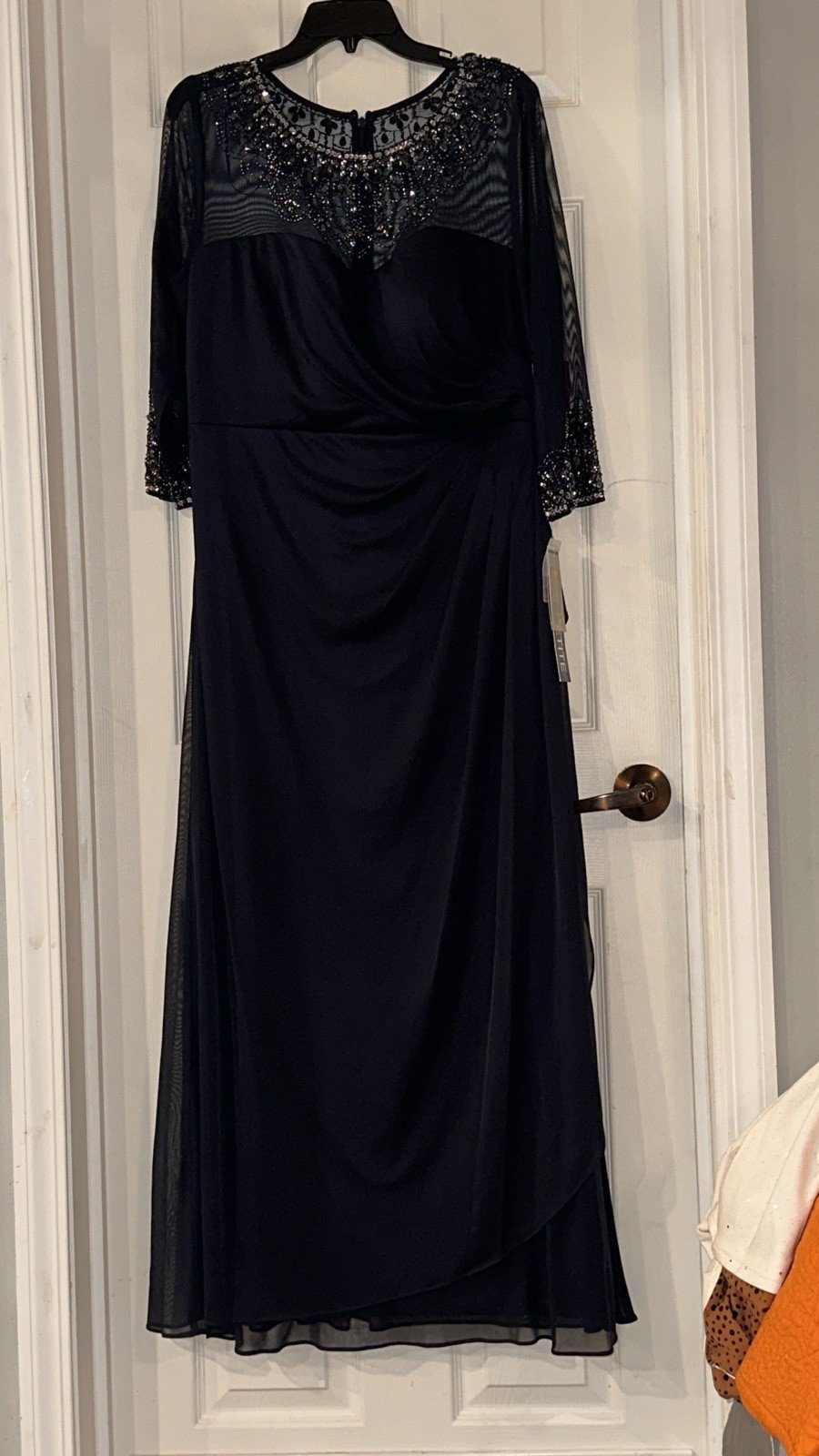 NWT Alex Evenings Womens SZ 14P Dark Navy Long Sleeve Jeweled Formal $239
