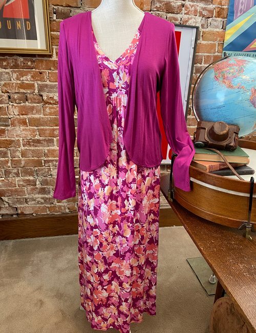 Carole Hochman Brushed Floral Lounge Maxi Dress Set Magenta Pink XS New Cardigan