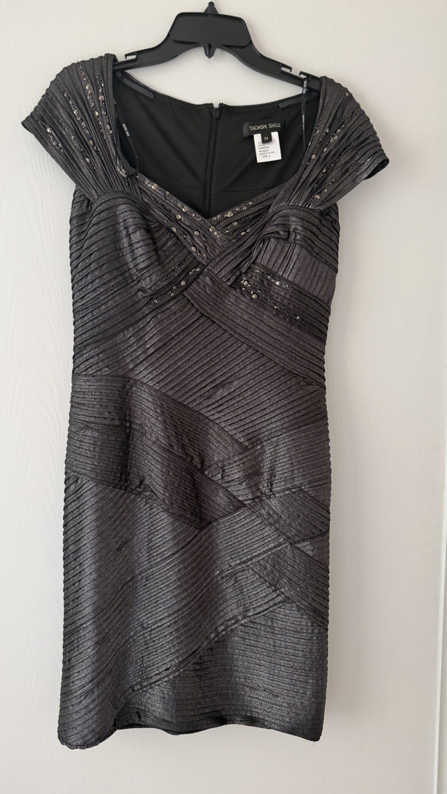 Tadashi Shoji Gray Beaded Pleated Sheath Dress Sweetheart Cap Sleeve M