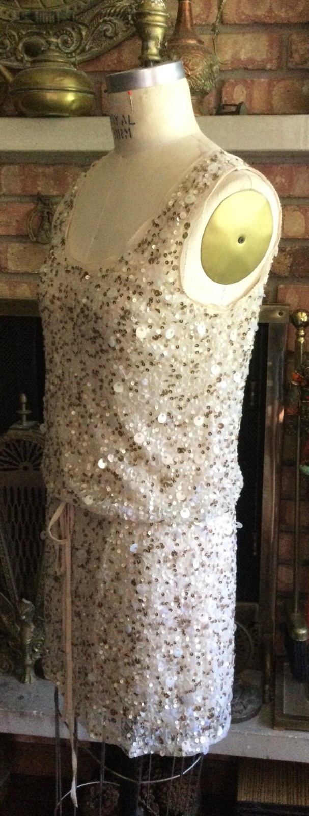 Sequin Paillette *Gold Hawk* Ivory Gold Lined Dress XS GUC Drawstring Back Tie