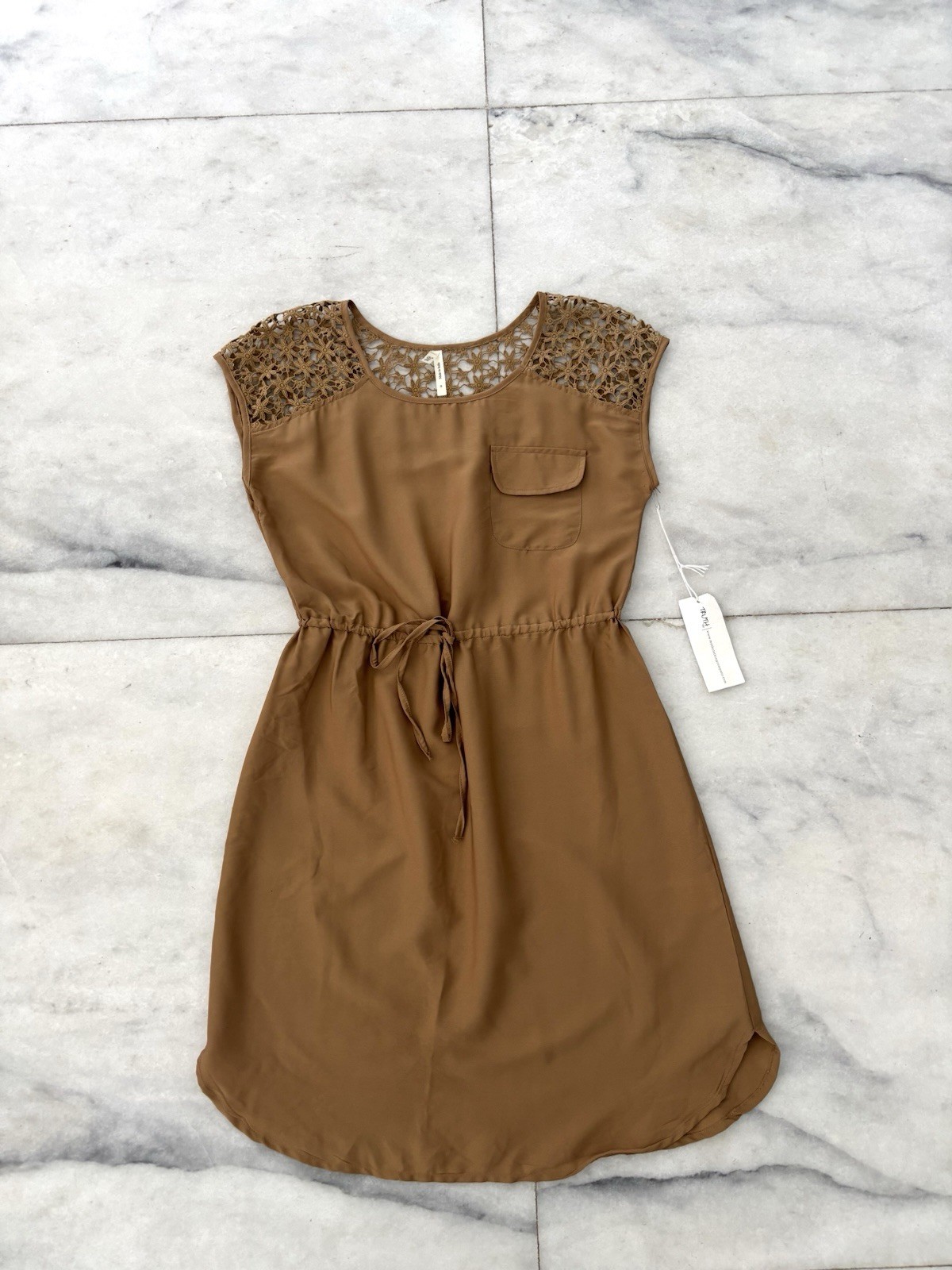 Truth NYC Dress Chiffon Brown Tan Crochet Drawstring Waist Womens Small NWT Boho