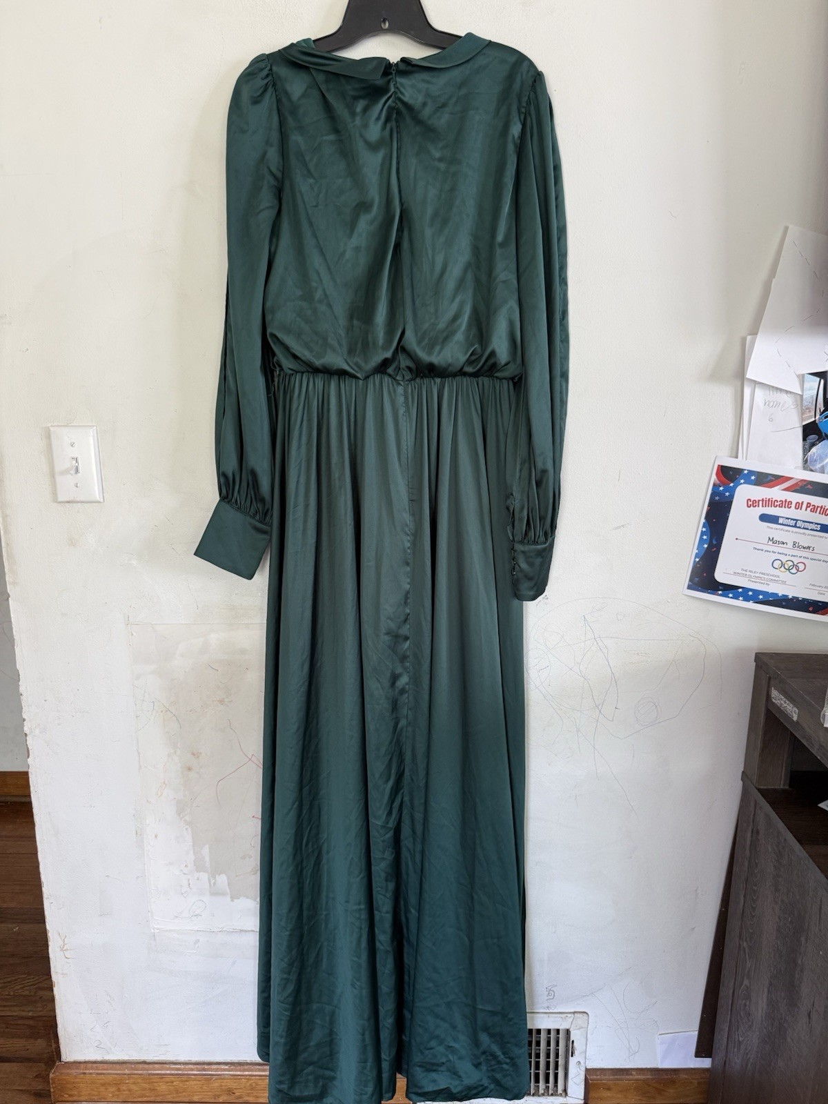 Mac Duggal Womens Emerald Green Satin Cinched Waist Dress, Bishop Sleeve, US 10