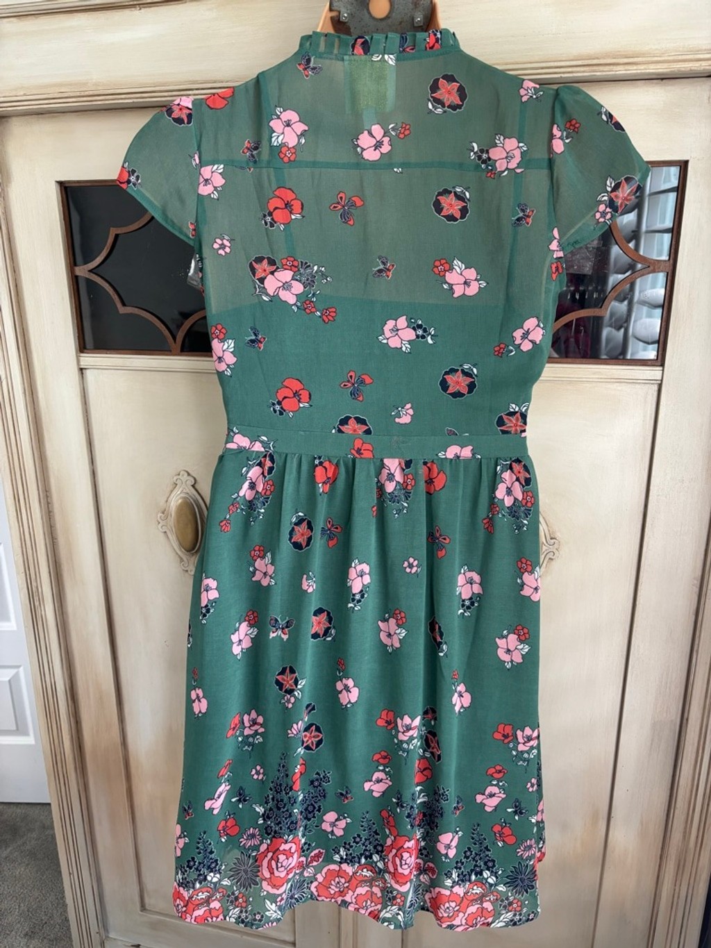 ModCloth “Oh Say Can You Museum” green butterfly and floral print A-line dress