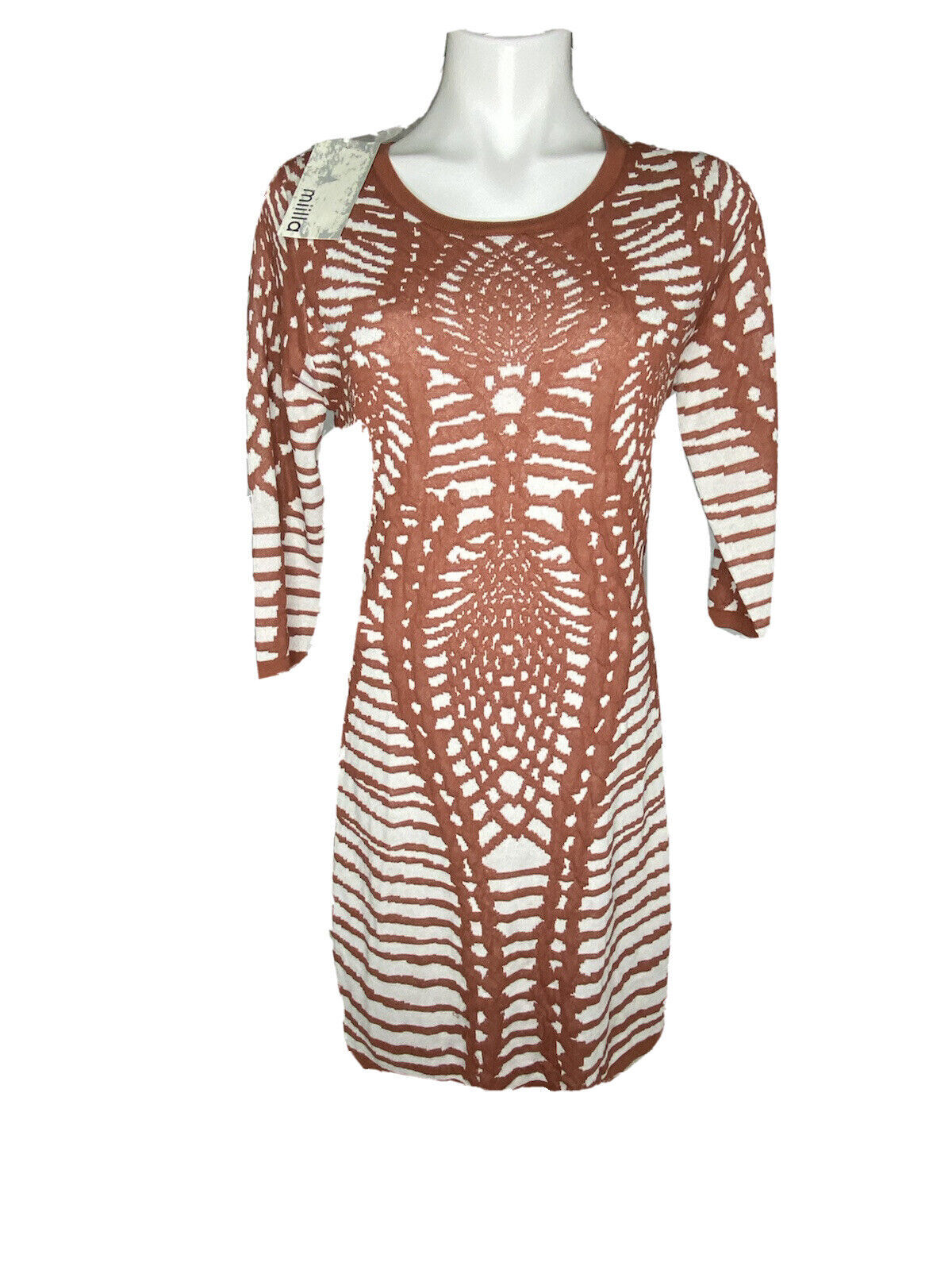 Miilla Knit Shift Dress Womens Medium Rust Ivory Minimalist Casual Chic