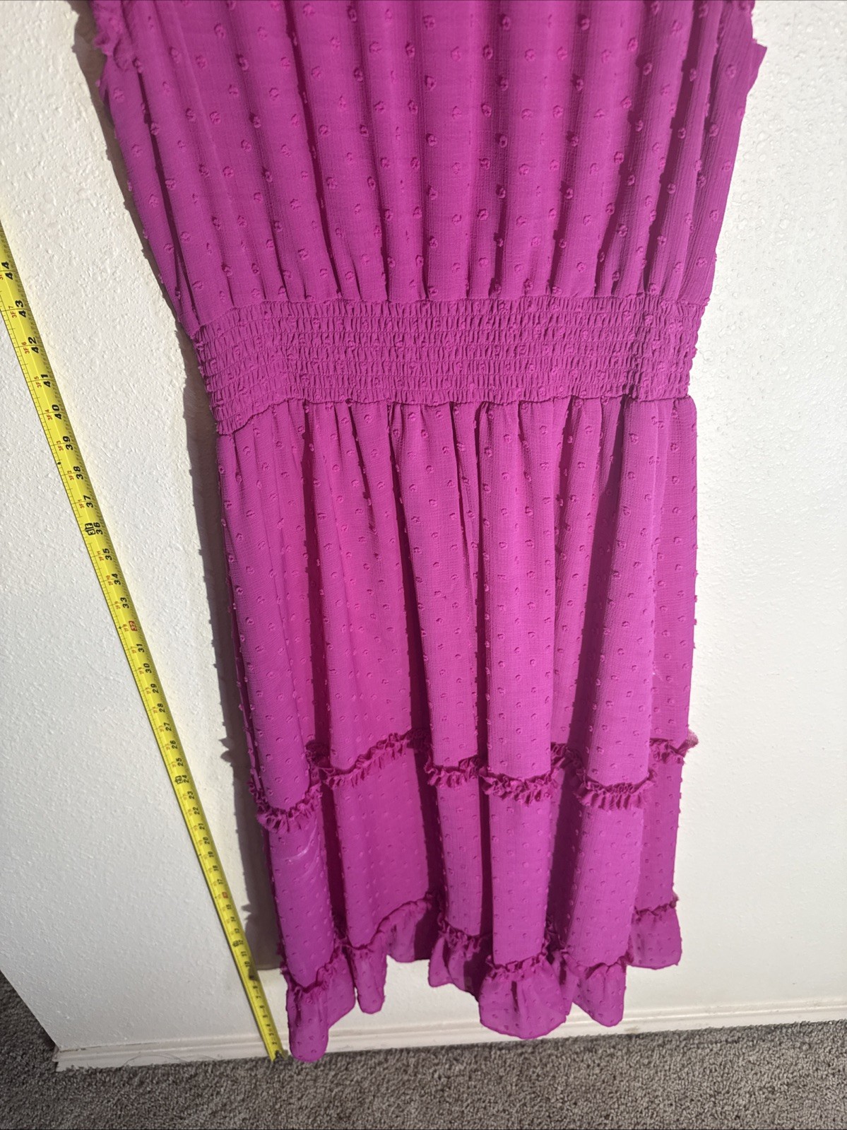 CeCe Magenta Large Boho Ruffle Cap Sleeve Layered Midi Dress Smocked Waist Fairy