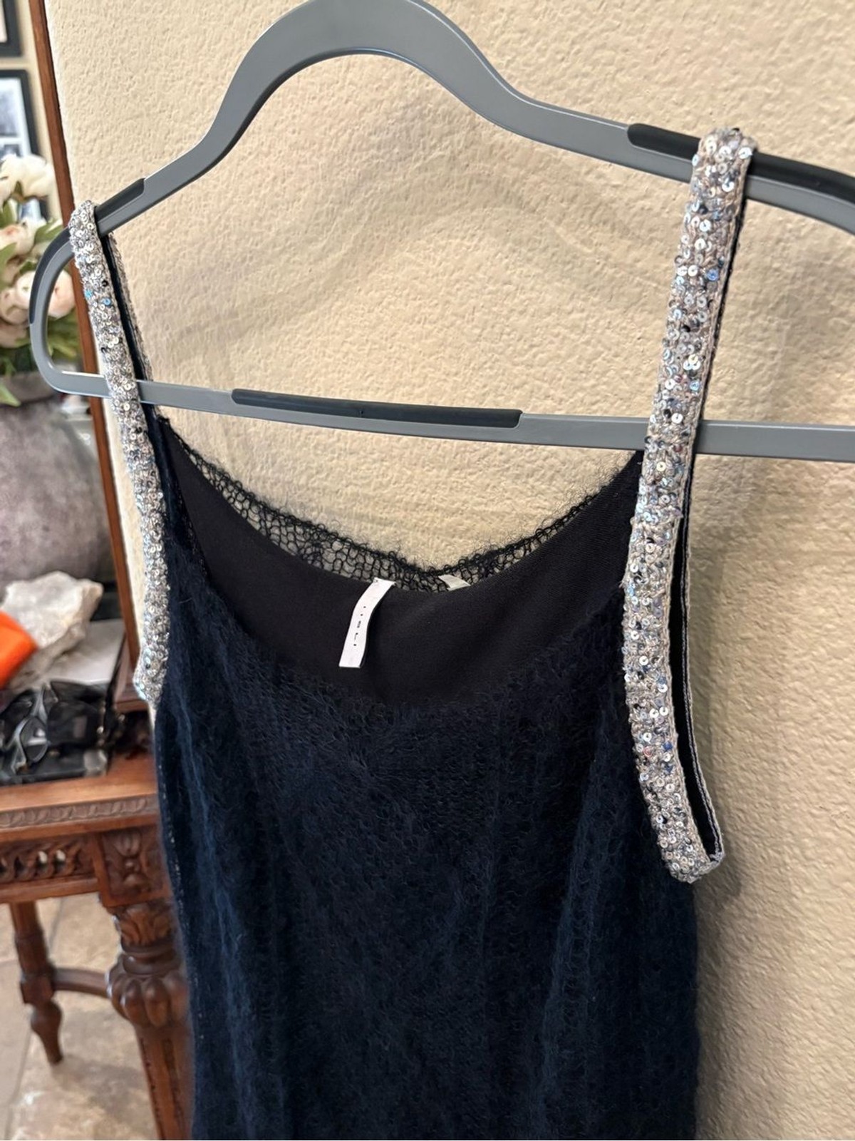Vintage IISLI Black Mohair Wool Blend Sequin Straps Mini Y2K Dress Size Small