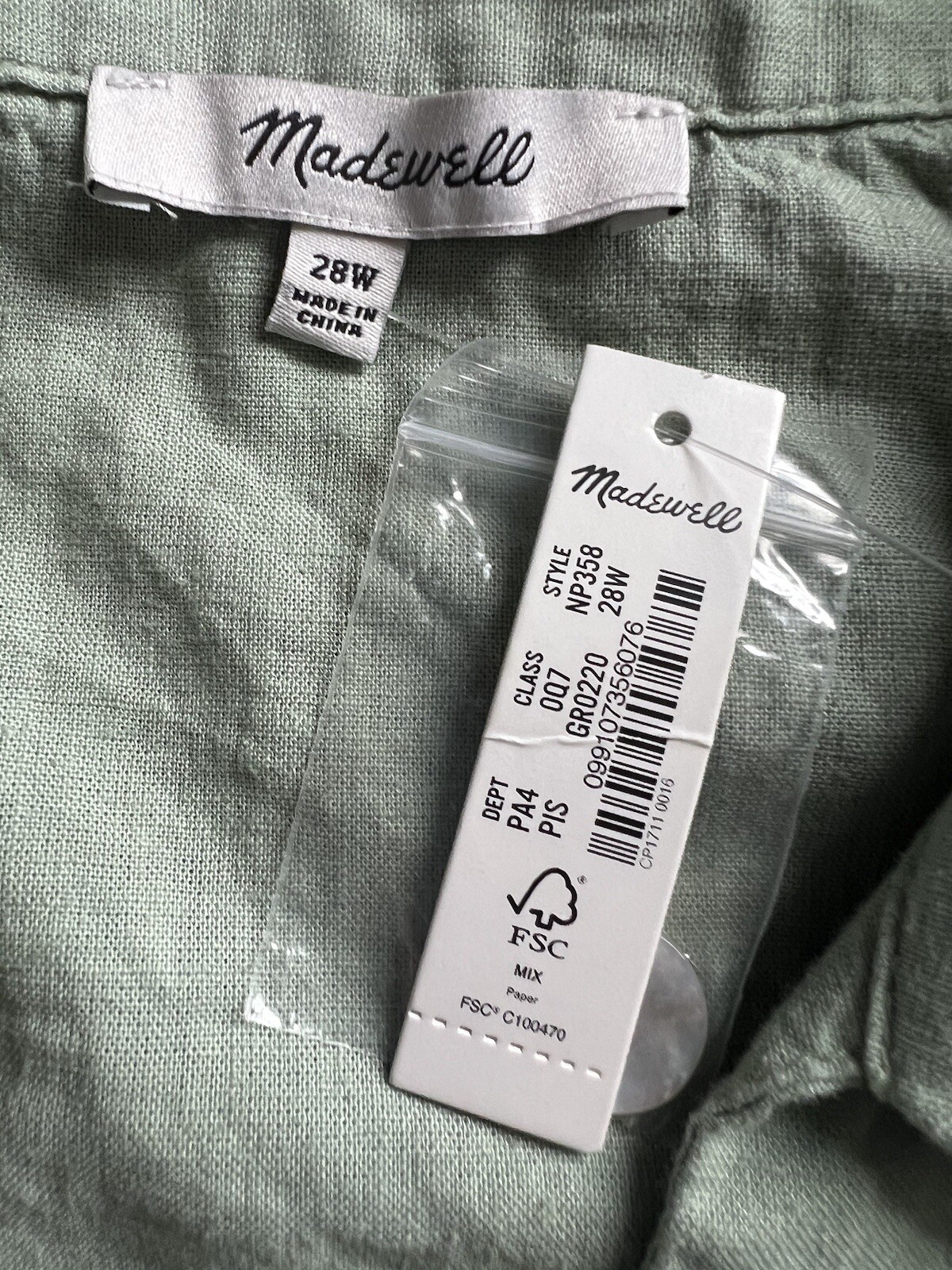 Madewell Short-Sleeve Button-Front Midi Shirtdress Dress 28W Linen Mint NP358