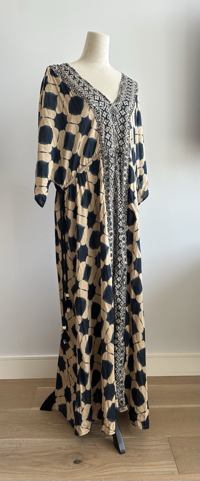 Zara Tan & Navy Geometric oversized Kaftan Dress Drawstring 100% Modal (XS-S)