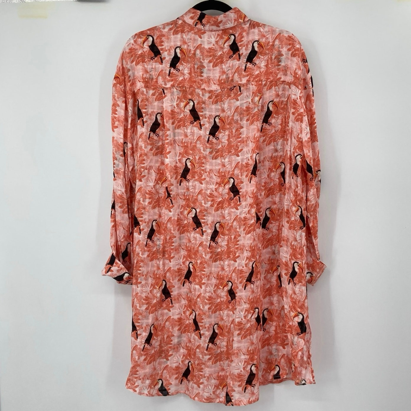 Jane & Delancey Peach Toucan Tropical Gauze Tunic Abalone Button Shirt Dress L