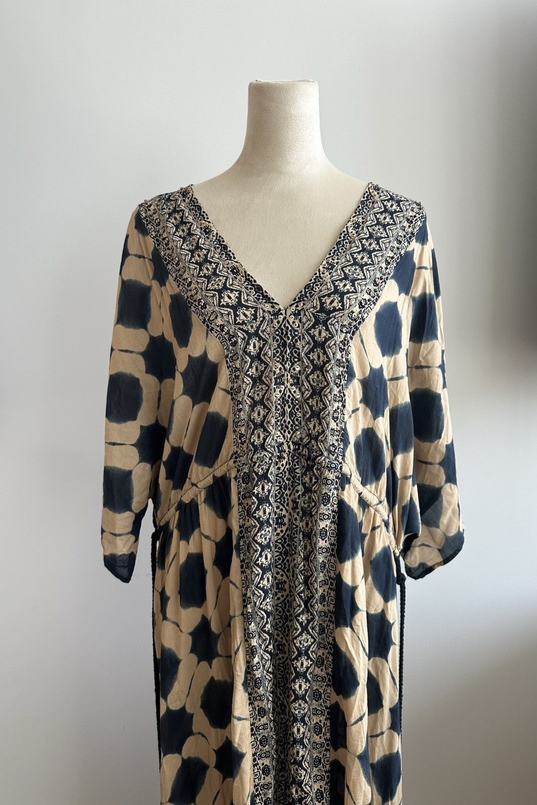 Zara Tan & Navy Geometric oversized Kaftan Dress Drawstring 100% Modal (XS-S)