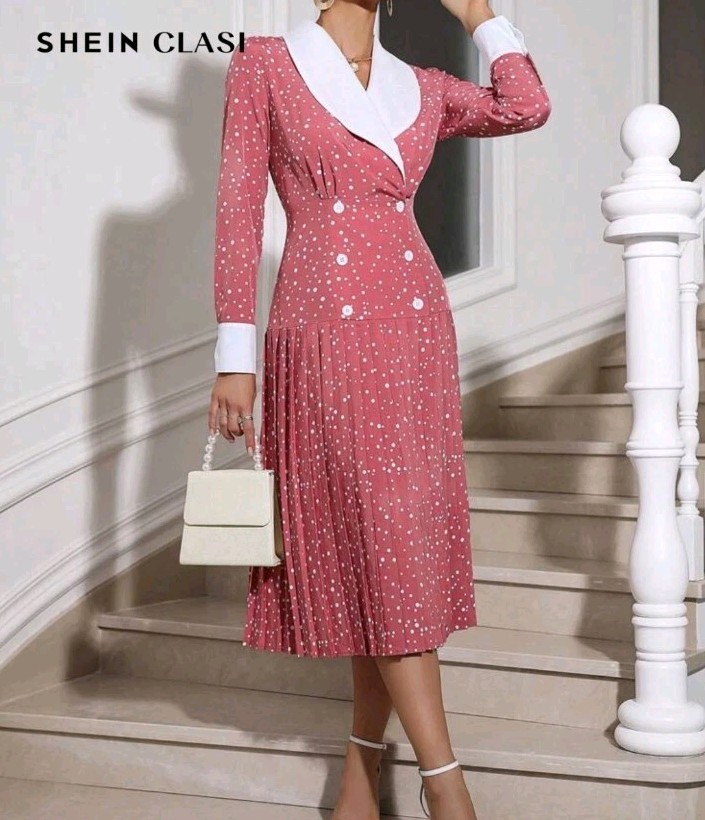 Mauve Polka Dot Broom Skirt Pleated Vintage Inspired Dress Small