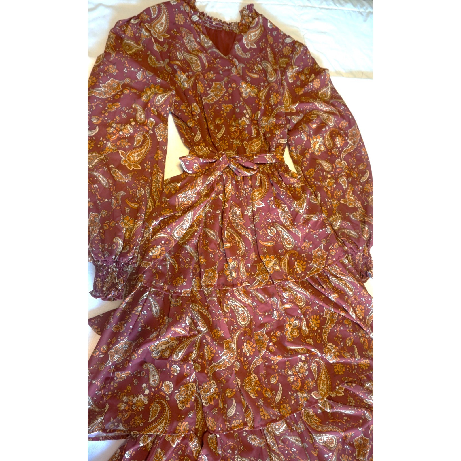 Flying Tomato Rust Paisley Tiered Ruffle Maxi Dress Boho Long Sleeve Womens M