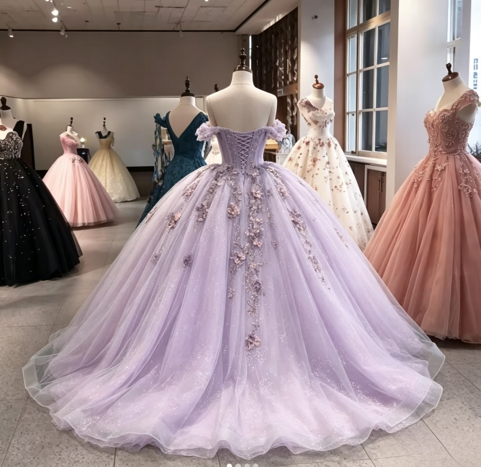 Lavender Off Shoulder Floral Sparkly Tulle Quinceanera Ball Gown Sweet 16 Dress
