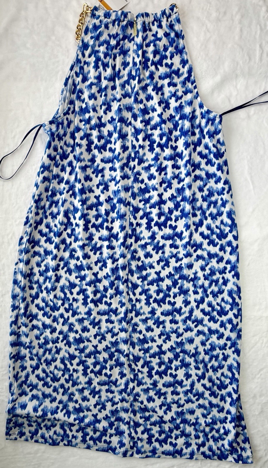 NWT MICHAEL Michael Kors Gold Chain Neck Halter Dress Twilight Blue Abstract S