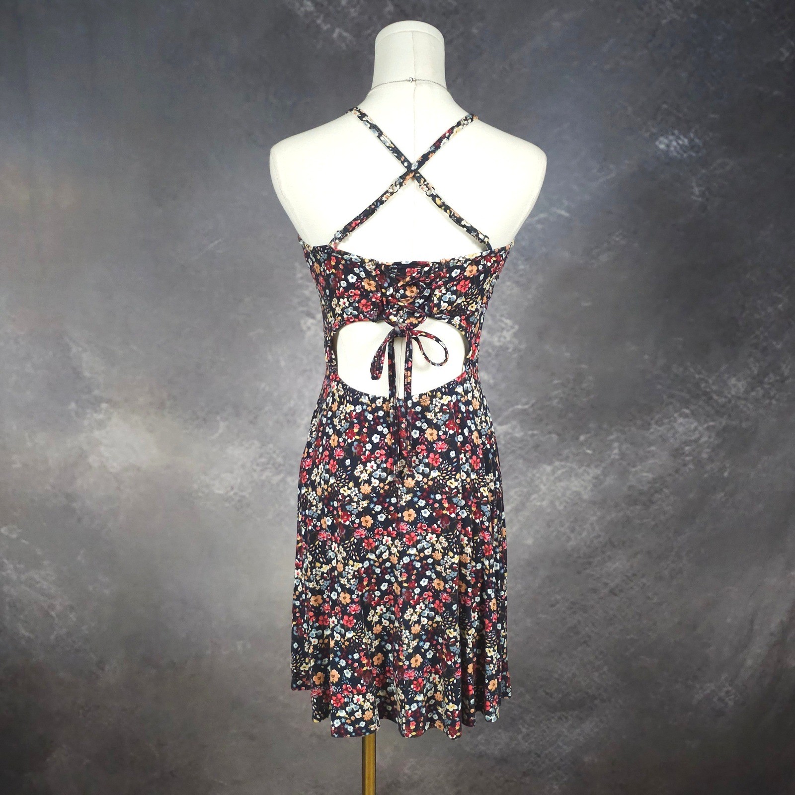 Hollister Floral Halter Skater Dress Open Back Lace Up Coquette Indie Navy M