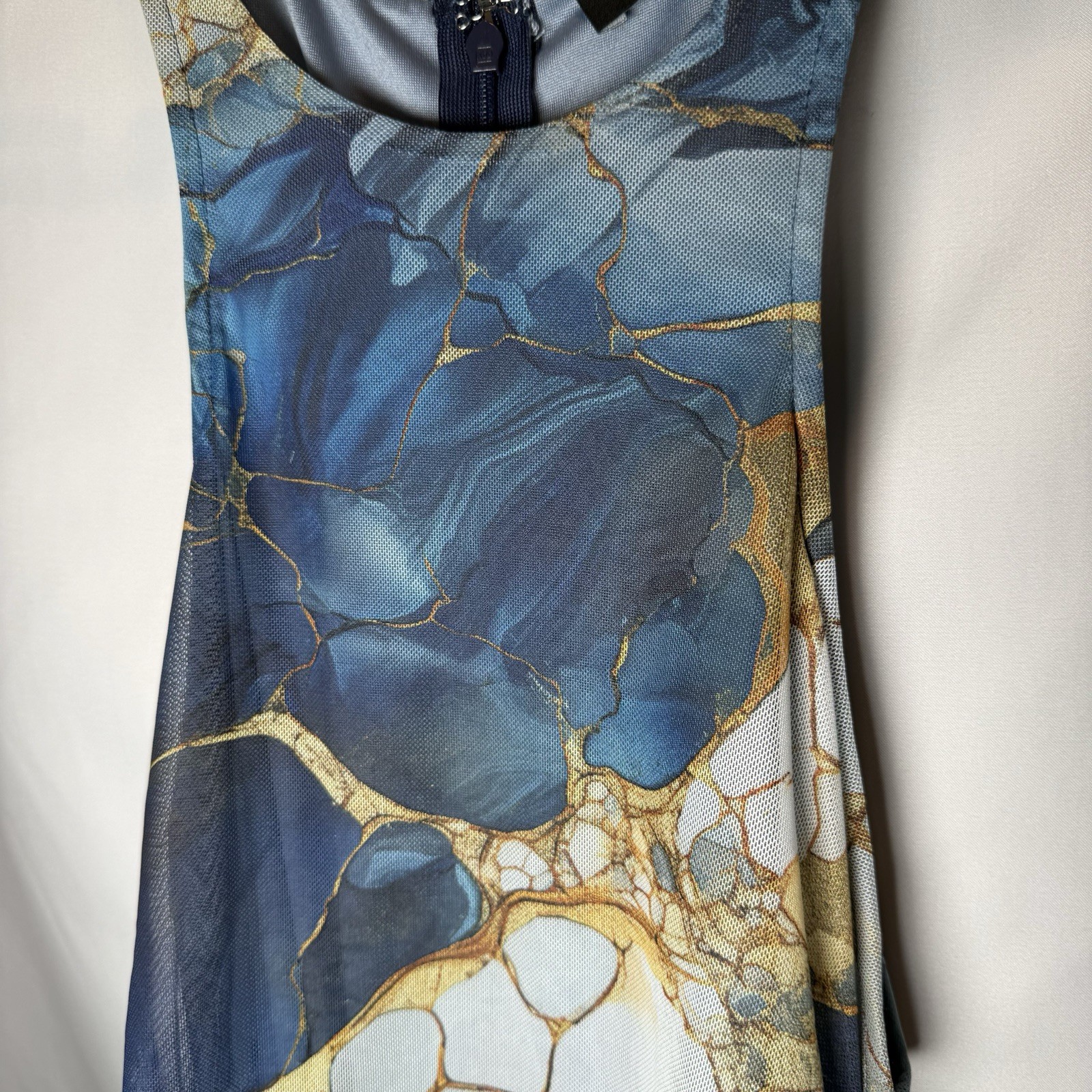 Akira Lorraine Marble Print Mesh Maxi Dress Blue Ruched Bodycon Sleeveless S M