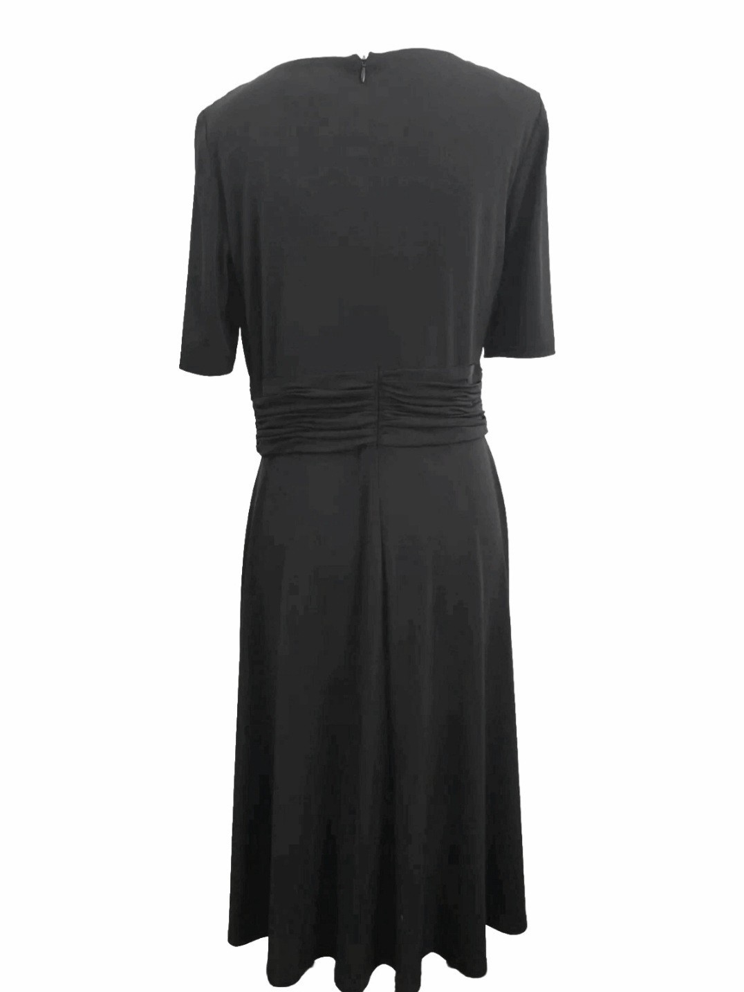 Laura Jeffries Black Drape Neck Dress Size 10 Ruched Waist Short Sleeve