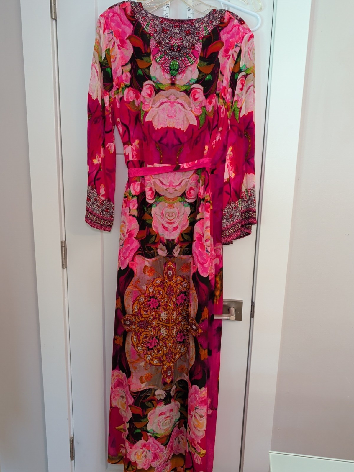 SHAHIDA PARIDES Rhinestone Beaded Wrap Maxi Dress Silk Sz M/L Floral Print Pink