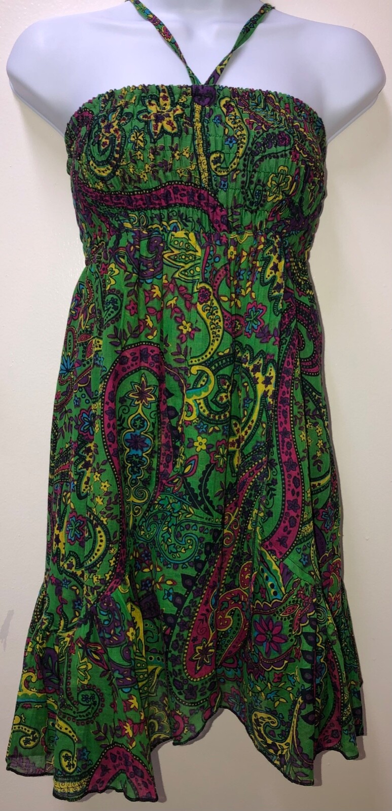Artisan Cotton Ethnic Designer Green Multicolor Summer Dress Made in Nepal SK127