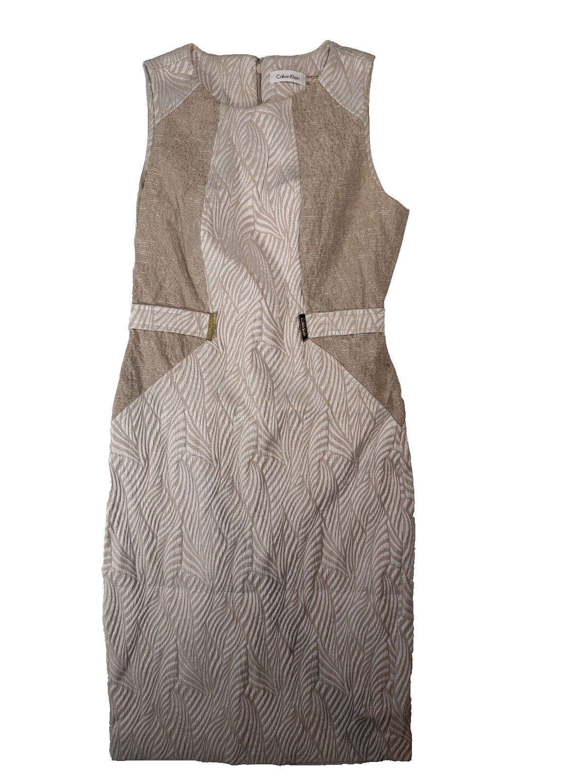 Calvin Klein Sheath Dress Size 6 Cream Tan Textured Jacquard Leaf Career EUC