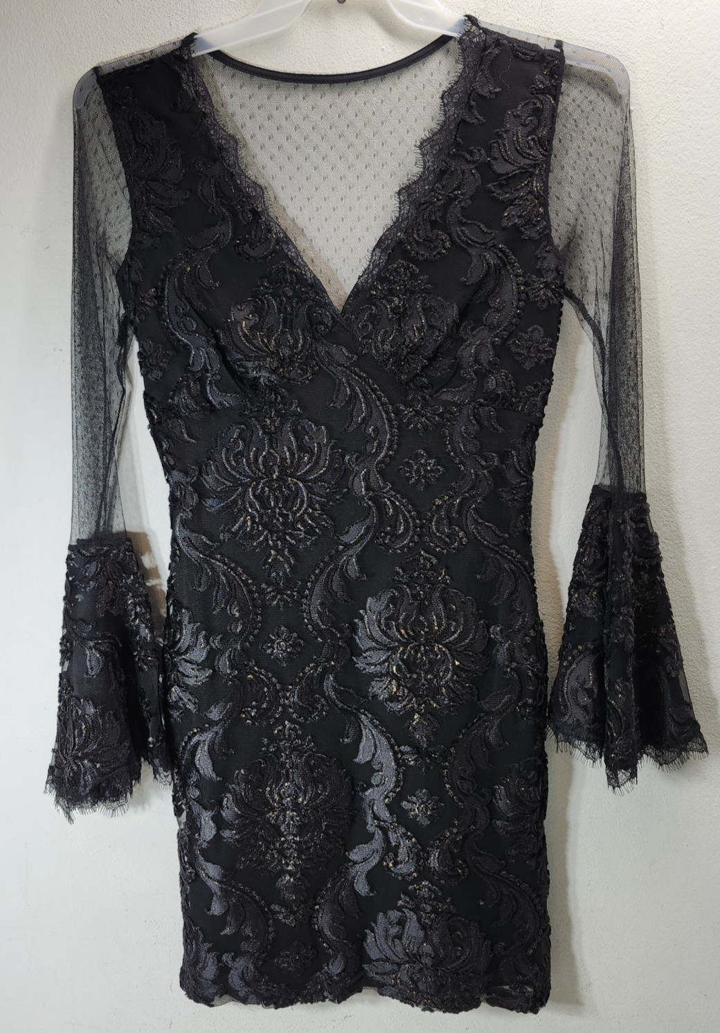 Venus Laced Black Midi Dress Womens M Fringed Sleeves Lined Nylon Blend