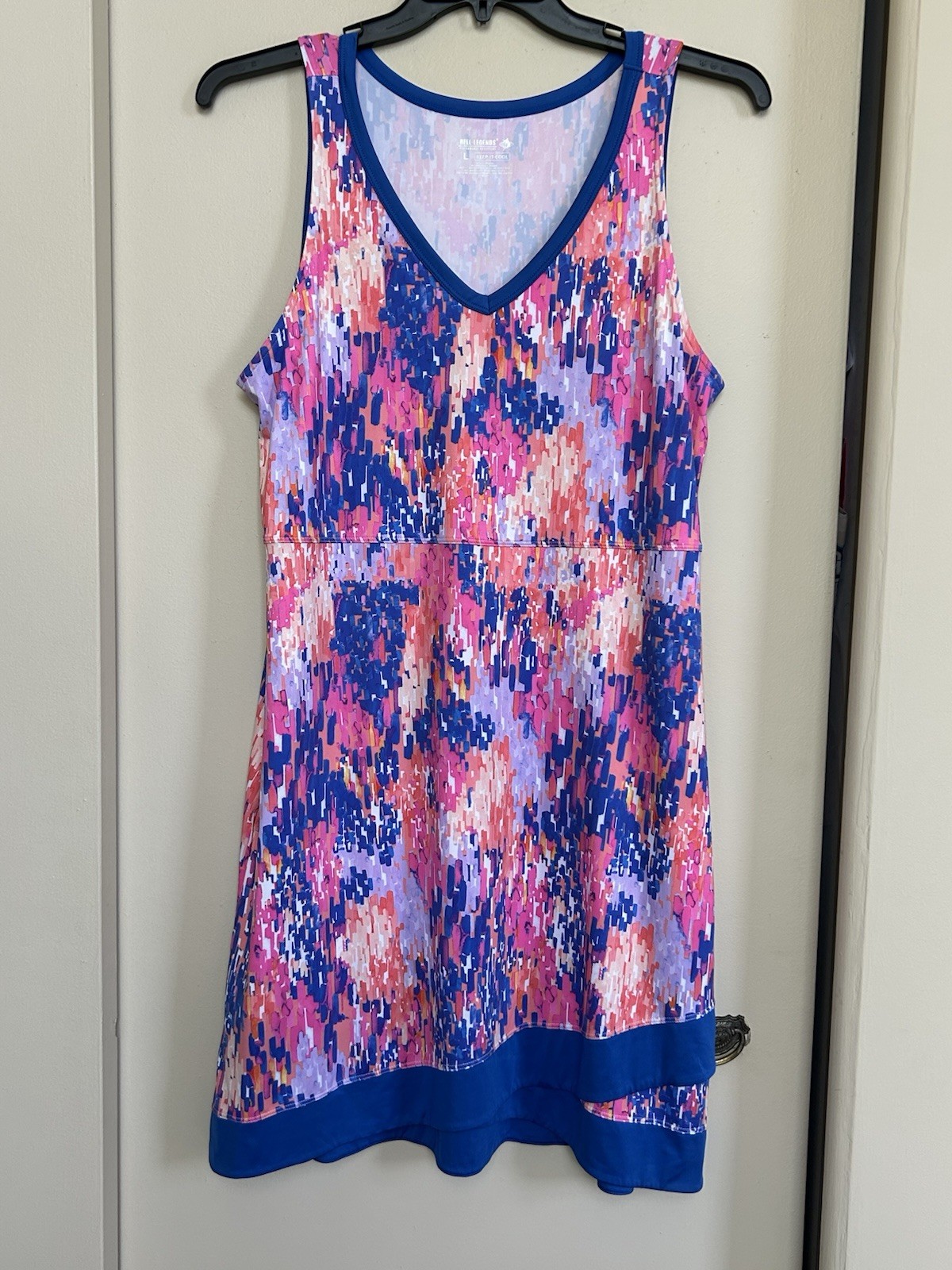 Reel Legends Abstract Print V-Neck Sleeveless Shift Dress Pockets Pink Blue L