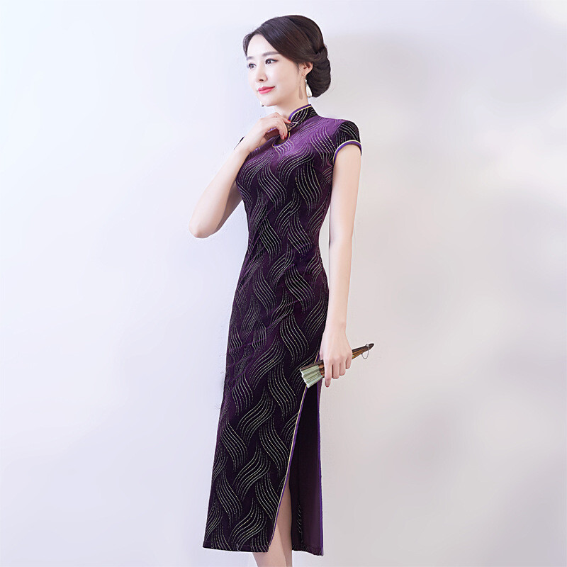 Vintage Velvet Cheongsam Long Qipao Gown Dress Slim Fit Women Dress Cheongsam