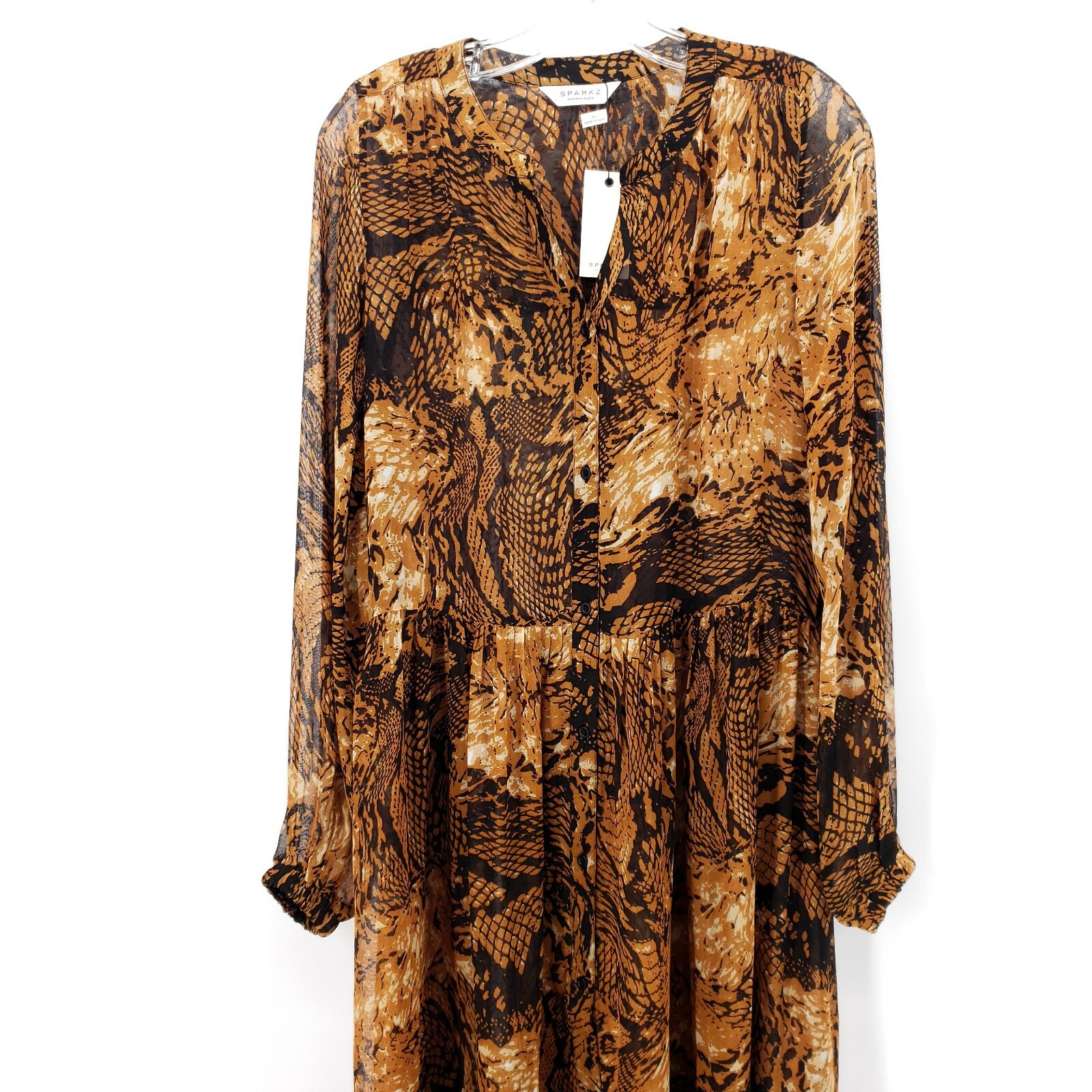 SPARKZ COPENHAGEN Sheer Maxi Long Shirt Dress Flowy Sexy Chestnut XS S M