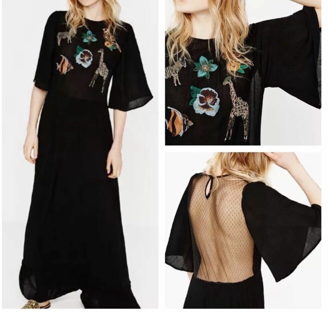 HTF Zara Maxi Dress Black Flowy Embroidered Animals Flowers Tiered Boho Witchy M