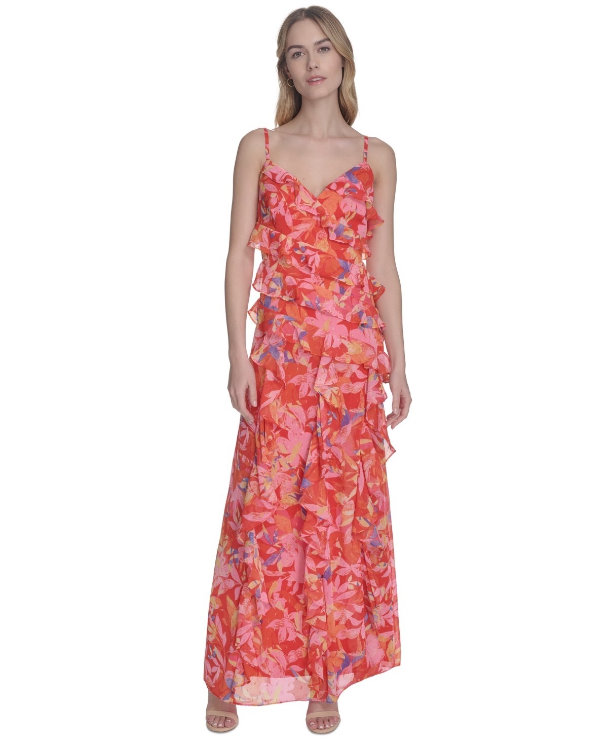 Eliza J Women’s Metallic-Clip Chiffon Asymmetric-Ruffle Dress – Red Multi Size 4