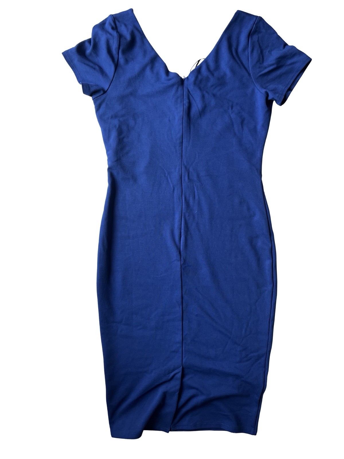 Unique Vintage Blue Solid Short Sleeve V-Neck Sheath Midi Zip Dress XL