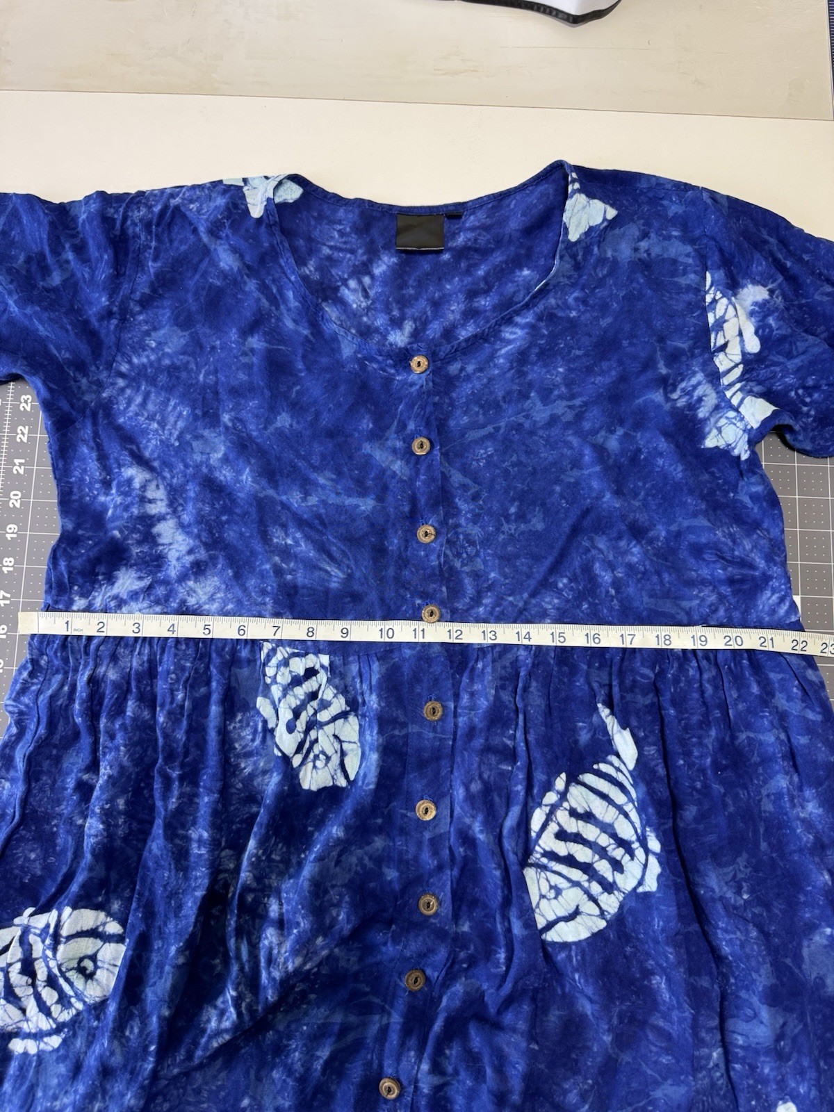 Coastal Ocean Theme Vacation Blue/White Tie Dye Fish Button Front Maxi Dress