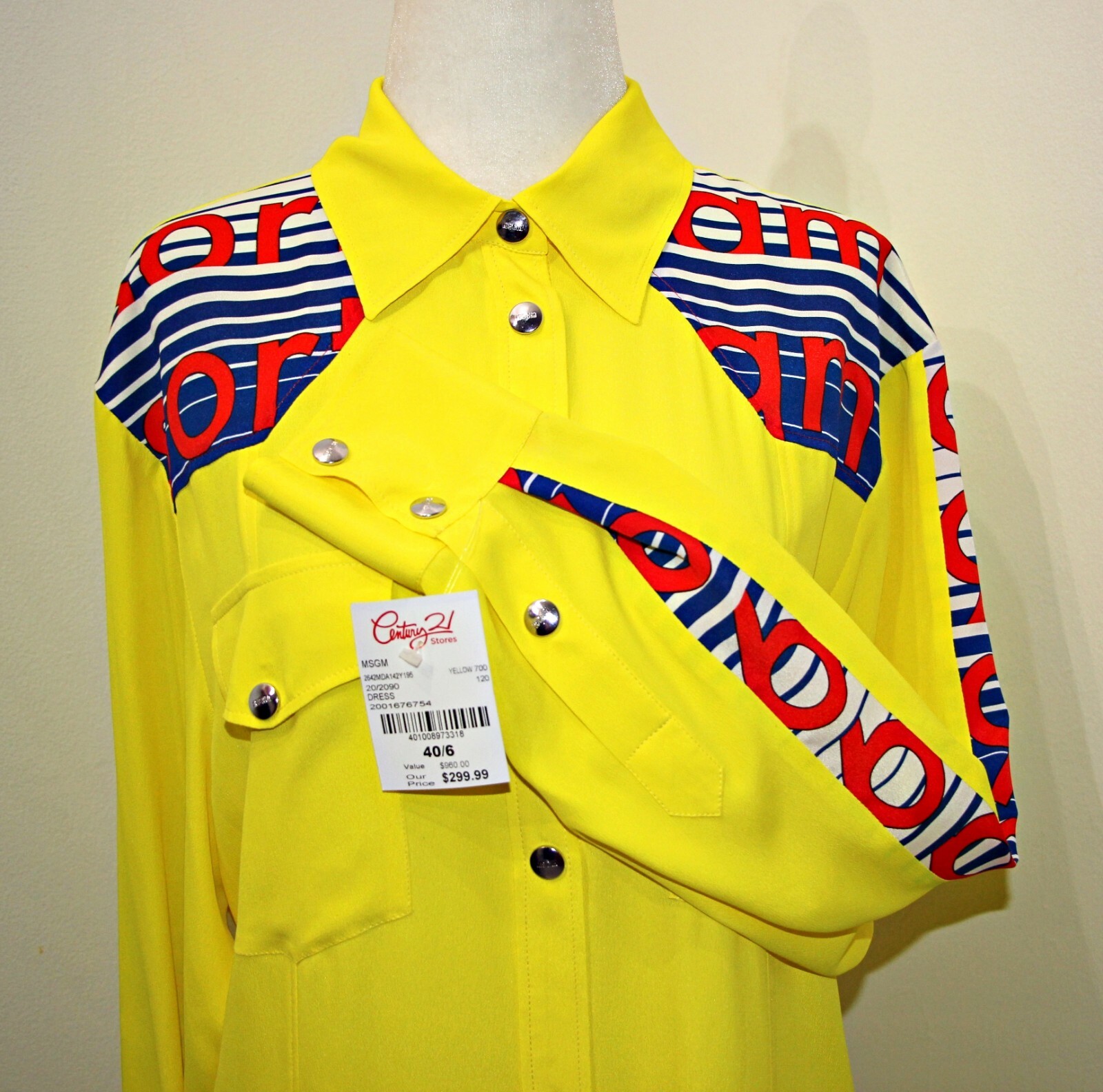 MSGM Yellow Chiffon Logo Snaps Shirt Dress sz US 6 / IT 40 $960 Made in Italy