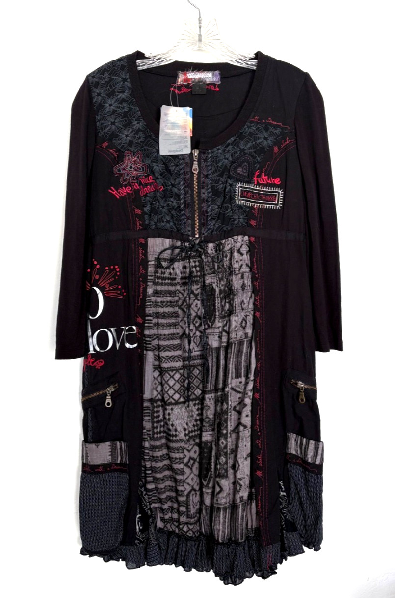 Desigual Wms Abeth 3/4 Sleeve Ruffle Hem Dress Large Black Red Zip Pockets Sz 12
