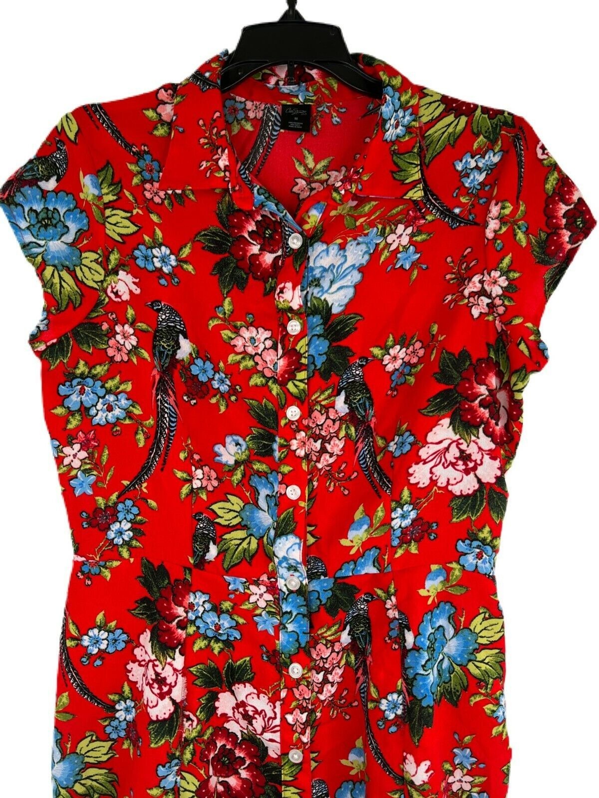 Women’s City Streets Red Tropical Button Down Dress Short Sleeve Size Medium