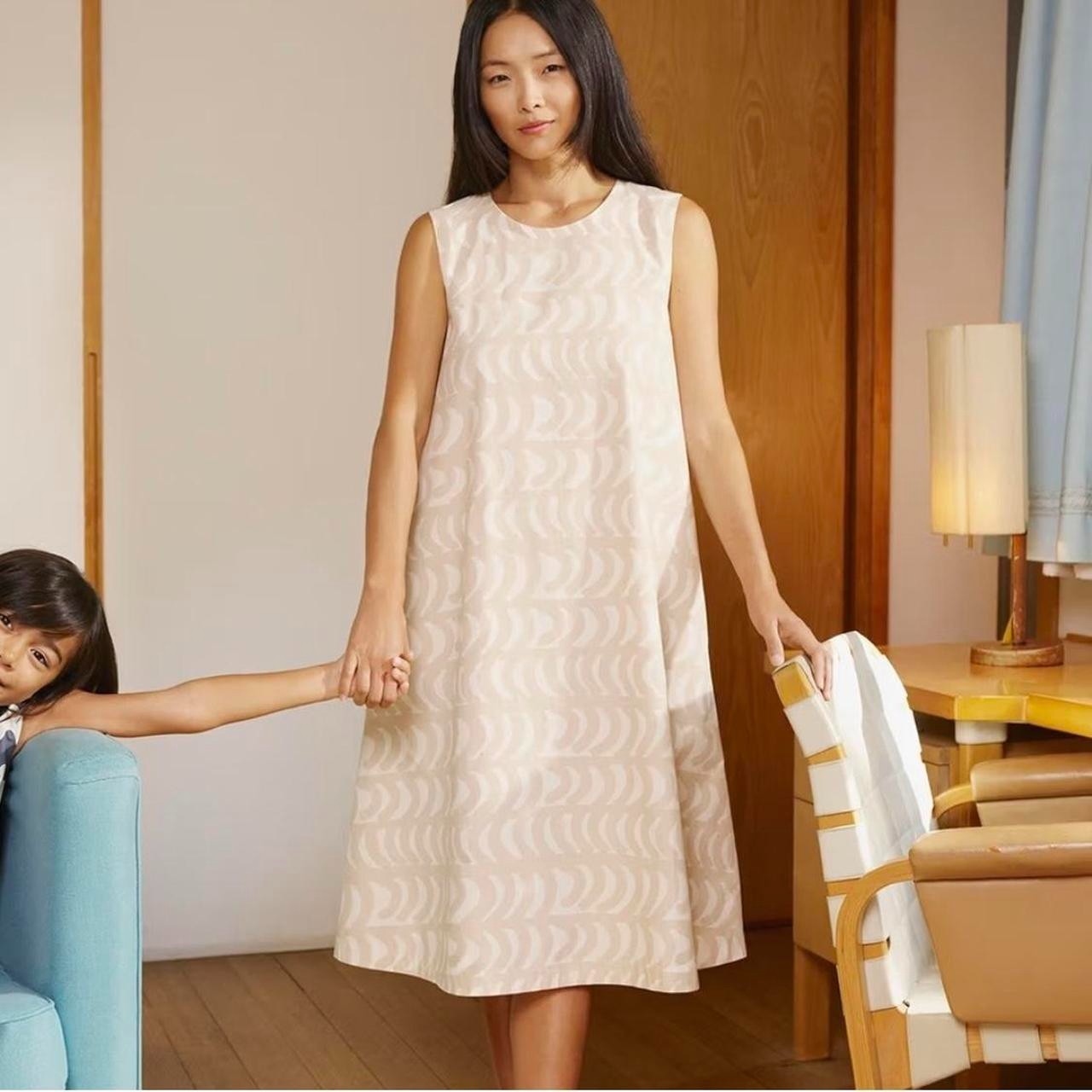 Marimekko x Uniqlo Sz XS Beige and White Cotton Sleeveless A-Line Dress Pockets