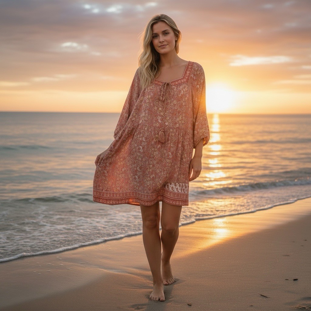 GiGiO USA Boho Peasant Babydoll Floral Dress Large Flowy Pink Paisley Chic