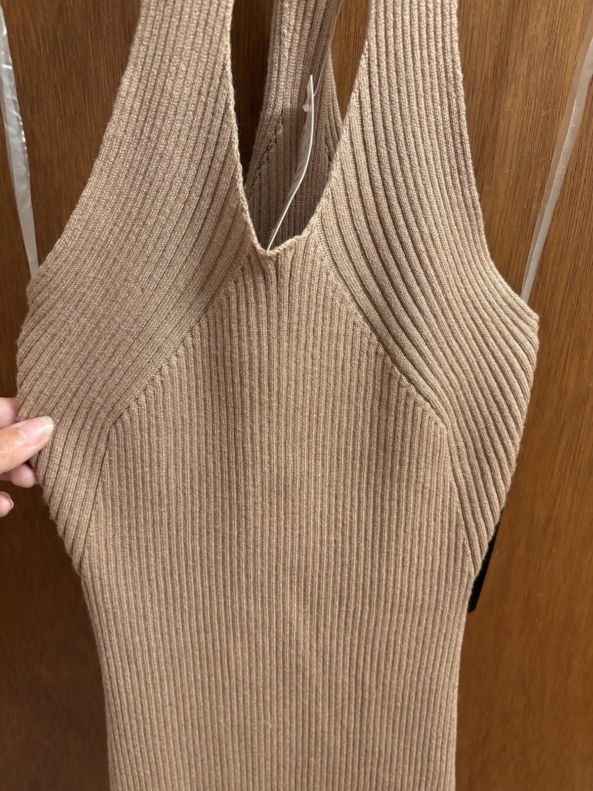 NWT Almost Famous Tan Ribbed Knit Halter Bodycon Mini Dress Stretch Womens M