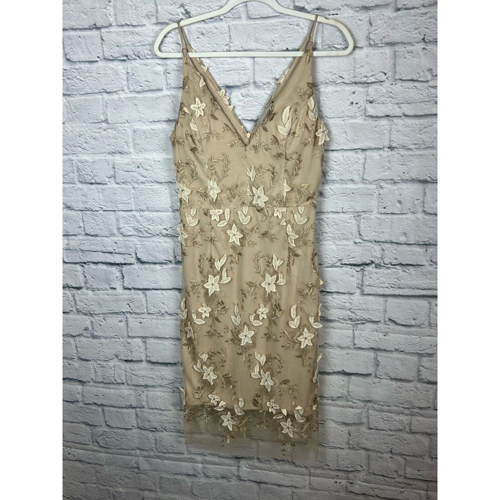 Dress Forum Embroidered Floral Mesh Midi Dress Beige Cream Size Small