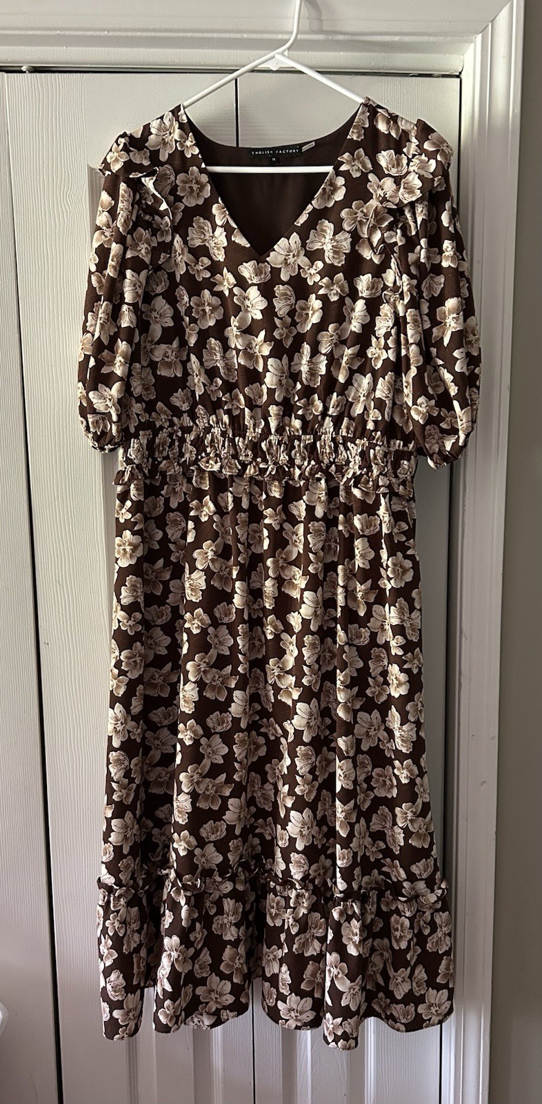 English Factory 1X Dress Brown Floral Puff Sleeve