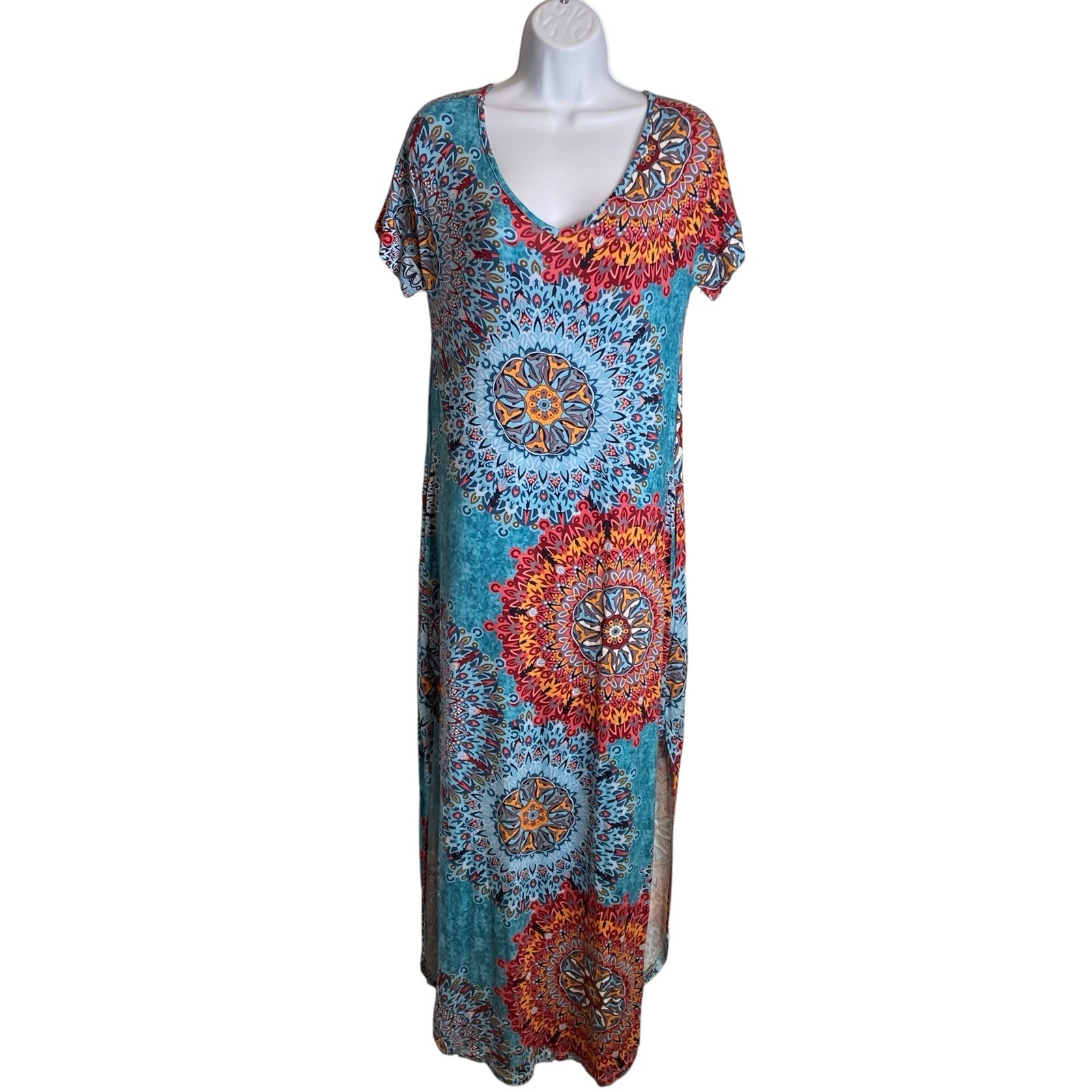 Women’s Blue Mandala Print Maxi Dress Size XS Side Slit Boho Art To Wear Hippie