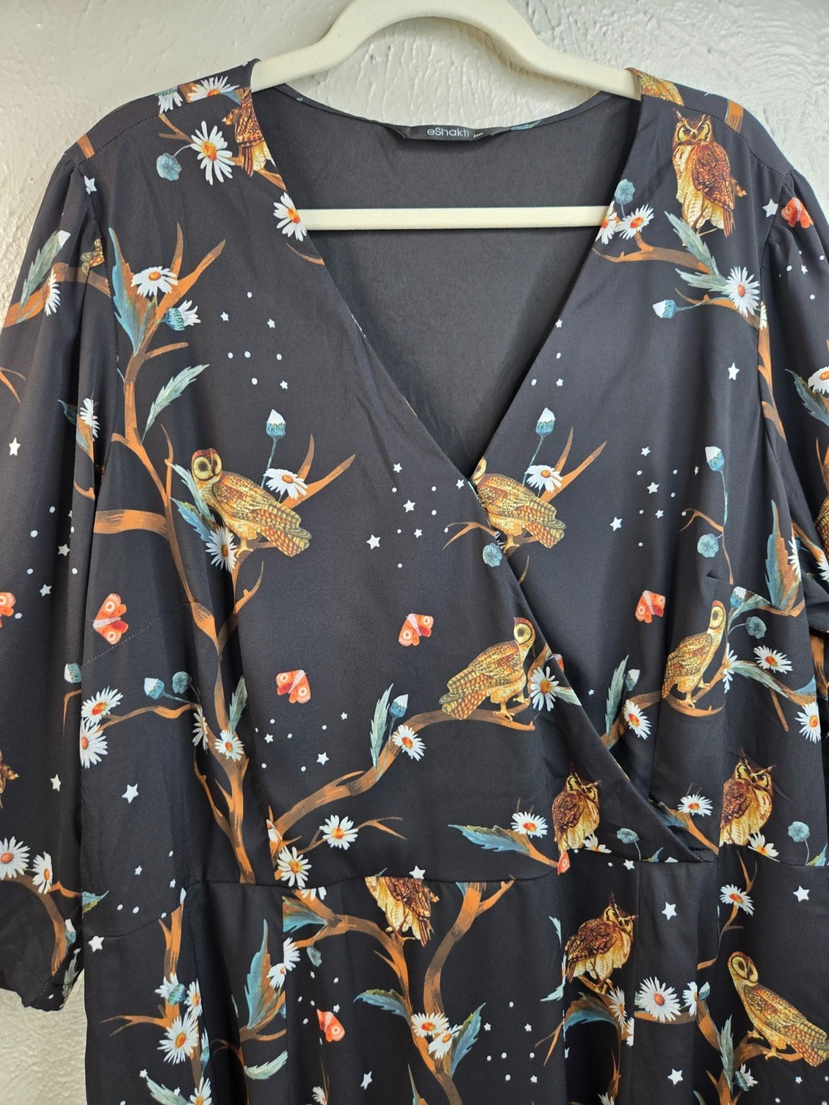 Eshakti Owl Print Pocket Dress Plus Sz 24W Black Flowy Novelty Art Forest Fairy