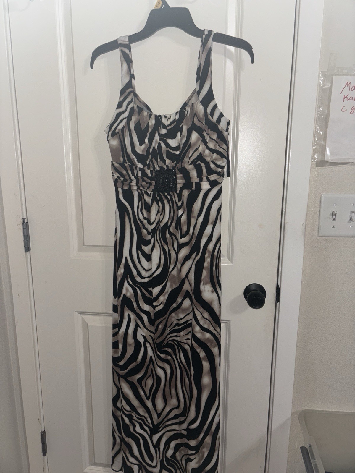 Zebra Print Sleeveless Maxi Dress Scoop Neck Beaded Buckle Black Beige White