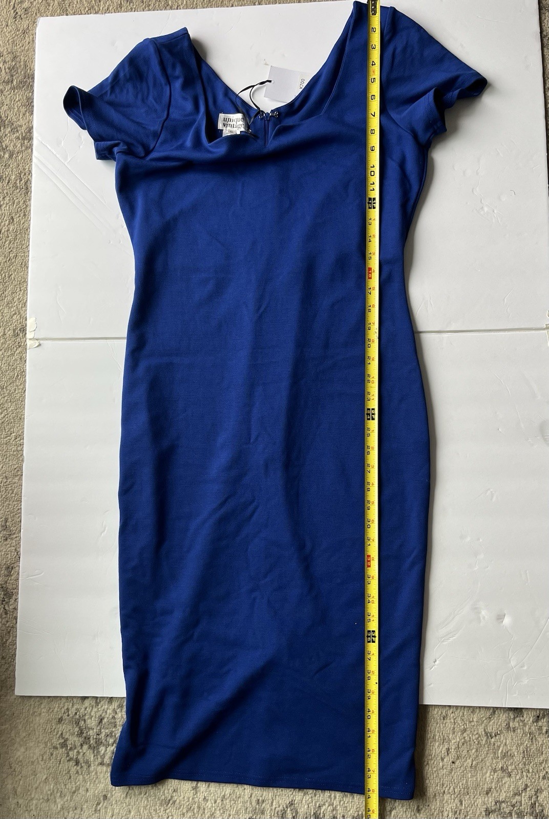 Unique Vintage Blue Solid Short Sleeve V-Neck Sheath Midi Zip Dress XL